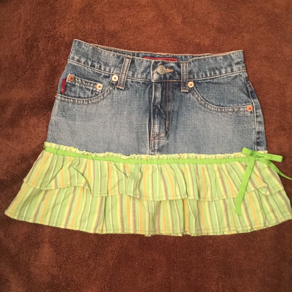 EUC*Girls’ jean & fabric ruffle hem mini skirt